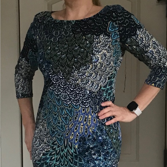 peacock print cocktail dress Ashley Lauren 4500 Size 4 Peacock short cocktail dress formal beaded sequin